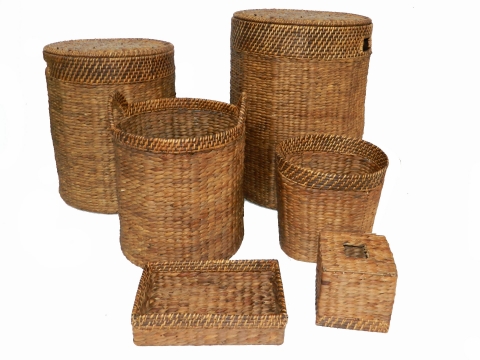 6pc round water hyacinth baskets with rattan rim